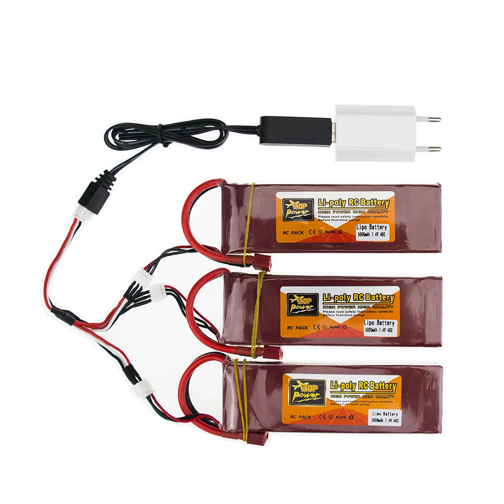 

3X RC Drone Batteria 5000mah Lipo 7.4 V Battery 40C XT60 T Plug 2S With USB Charger 3in1 Cable Set For RC Airplane Quadcopter