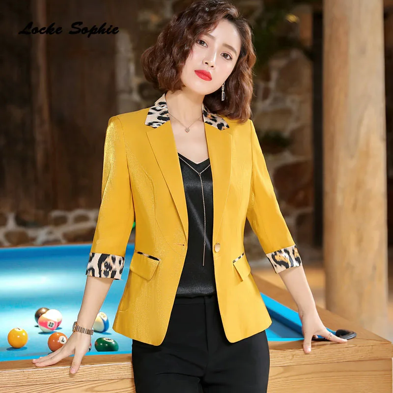 1pcs Women's Plus size Blazers coats 2019 Autumn cotton blend Leopard Splicing Small Suits jackets ladies Skinny Blazers Suits