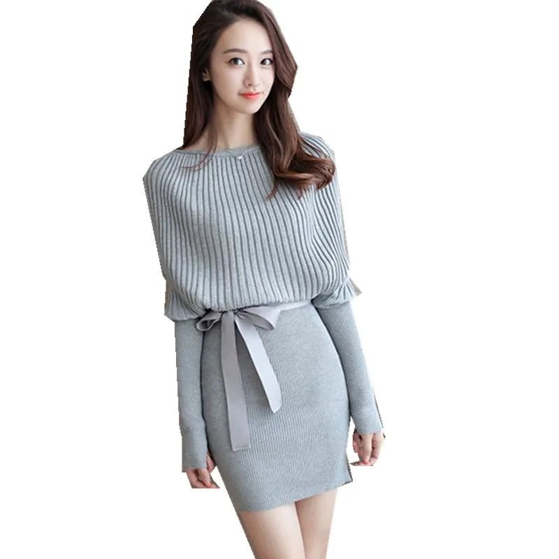 New Women Sweater Dress  Slim Batwing Sleeve Bodycon Dresses Elastic Dress Brief Black Knitted Dress vestidos with belt 972 new 2020 autumn v neck knitted dress women one piece ribbed mid length dress woman slim knitted sweater dresses female with belt