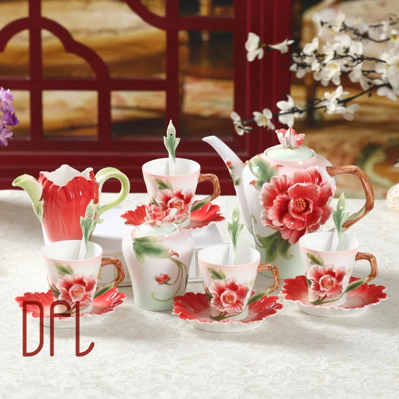 

New 3D Penoy Coffee Pot Cup Set With Sugar Milk jug Enamel European High-Grade Bone China Chinese Kung Fu Teapot Mug Set