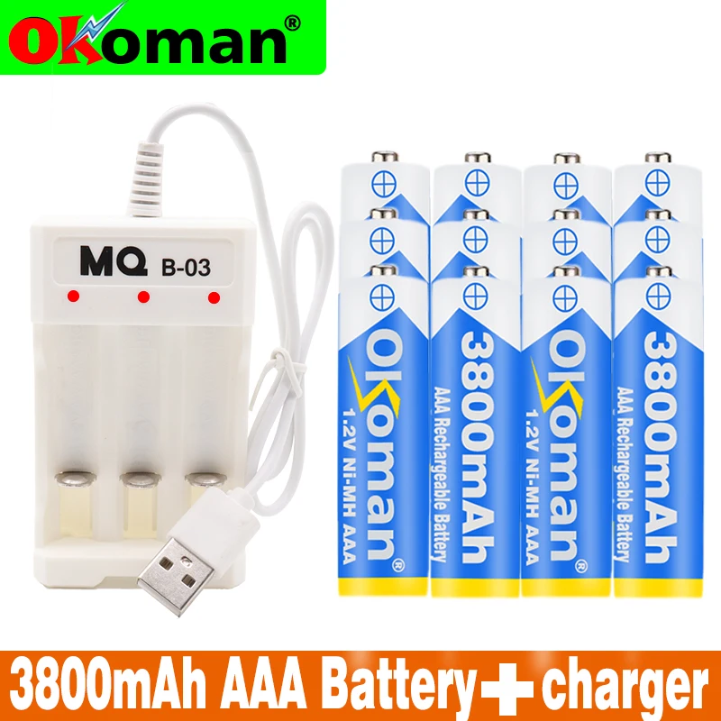 

4-20PCS The New 1.2V 3800mAh NI-MH AAA Pre-Charged Ni-MH Rechargeable aaa Battery For Toys Camera Microphone Batteries + Charger