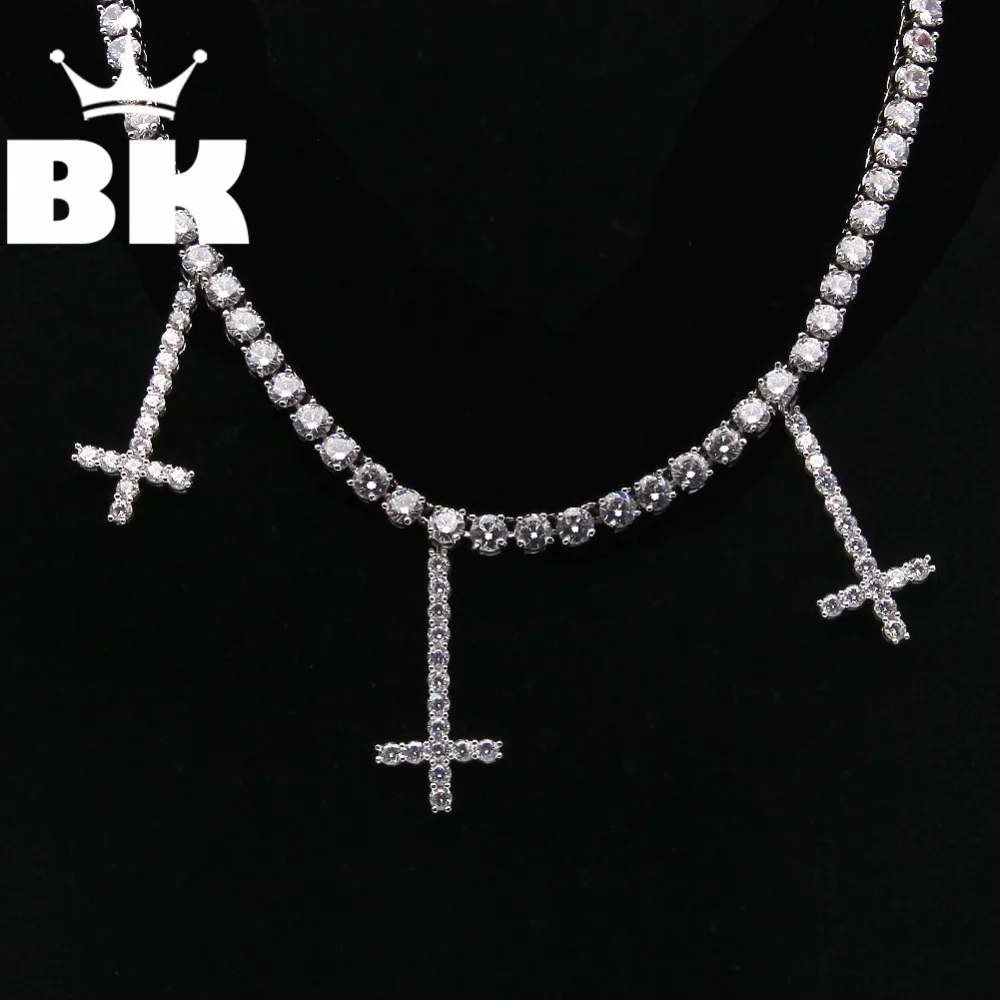 

THE BLING KING Three Cross Tennis Chains Gold Prong Miami Cuban Chocker Big Lock Cubic Zircon Necklace 18inch 22inch Chain