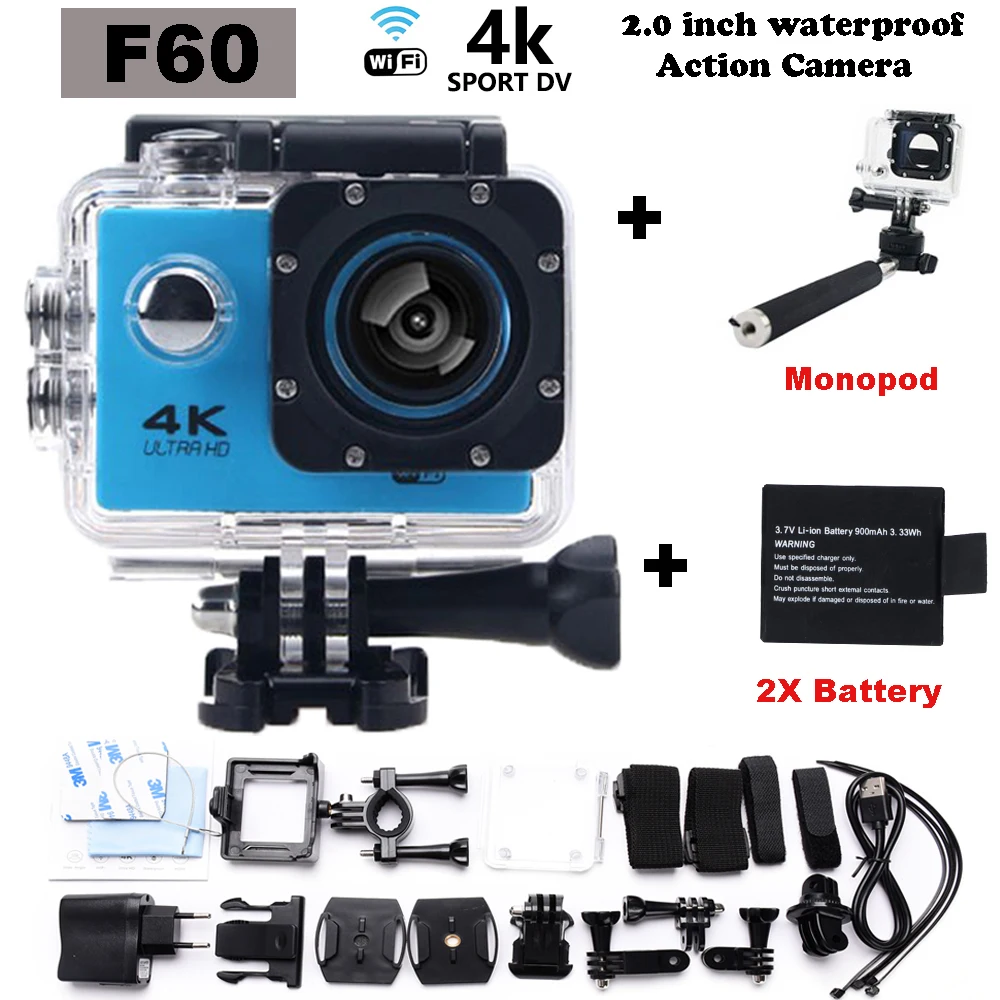 Best Selling Hero 4 Style Action Camera 4K F60 WiFi Diving Helmet Cam 2-inch Screen 1080p HD Camera + monopod + bettery Selling