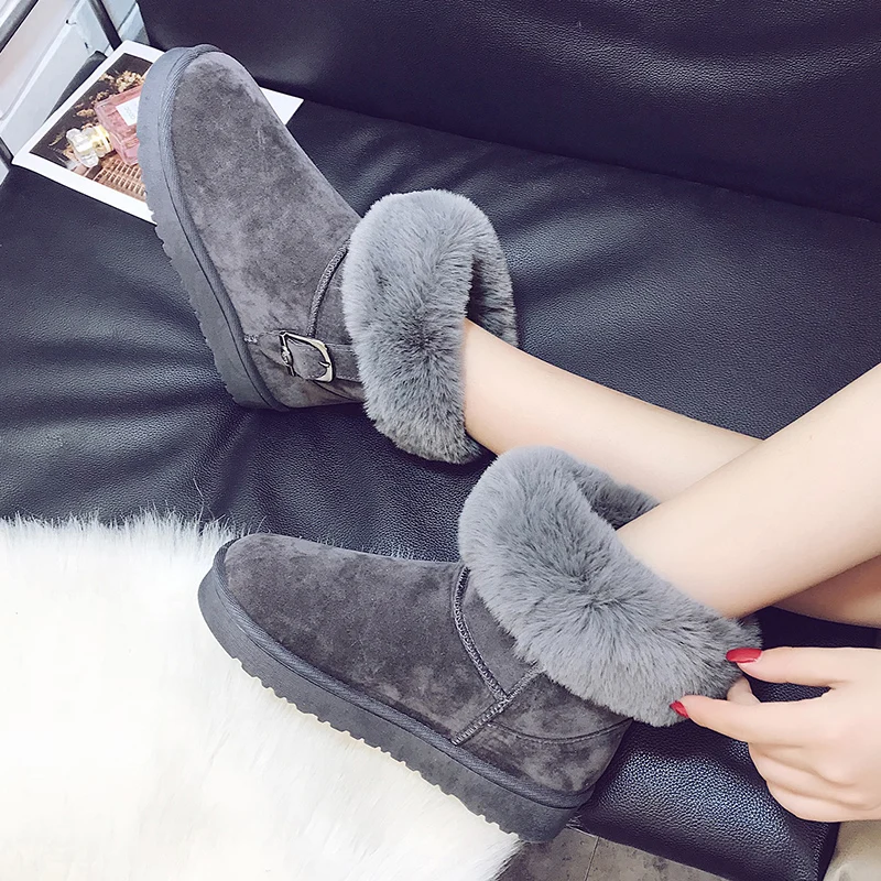 HEE GRAND Buckle Faux Suede Leather Women Winter Snow Boots Warm Girl Platform Ankle Boots Slip On Plush Fur Shoes Women XWM281