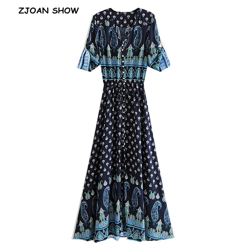 

2019 BOHO Dark blue Paisley Floral Print Single-Breasted Dress Single-breasted Buttons 3/4 Sleeve Maxi Long Women Dress Vestido