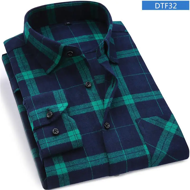 New Plaid Flannel Mens Shirts Long Sleeve Social Masculino Brand Male Shirts - Цвет: DTF32