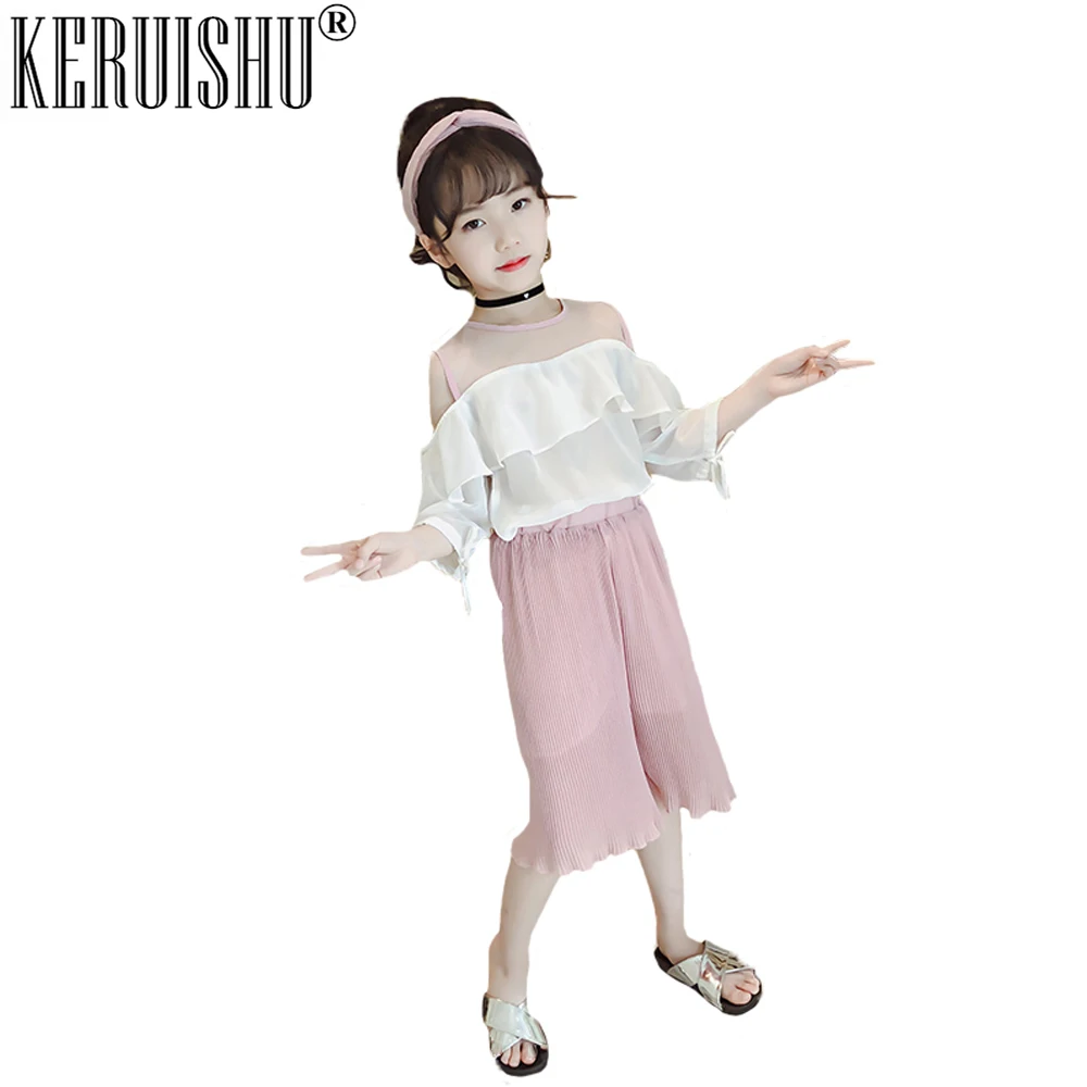 

Keruishu 2 Piece Suit Summer New Girls Suits White/Black Korea Style Strapless Mid-Sleeve Children Tops Loose Short Pants