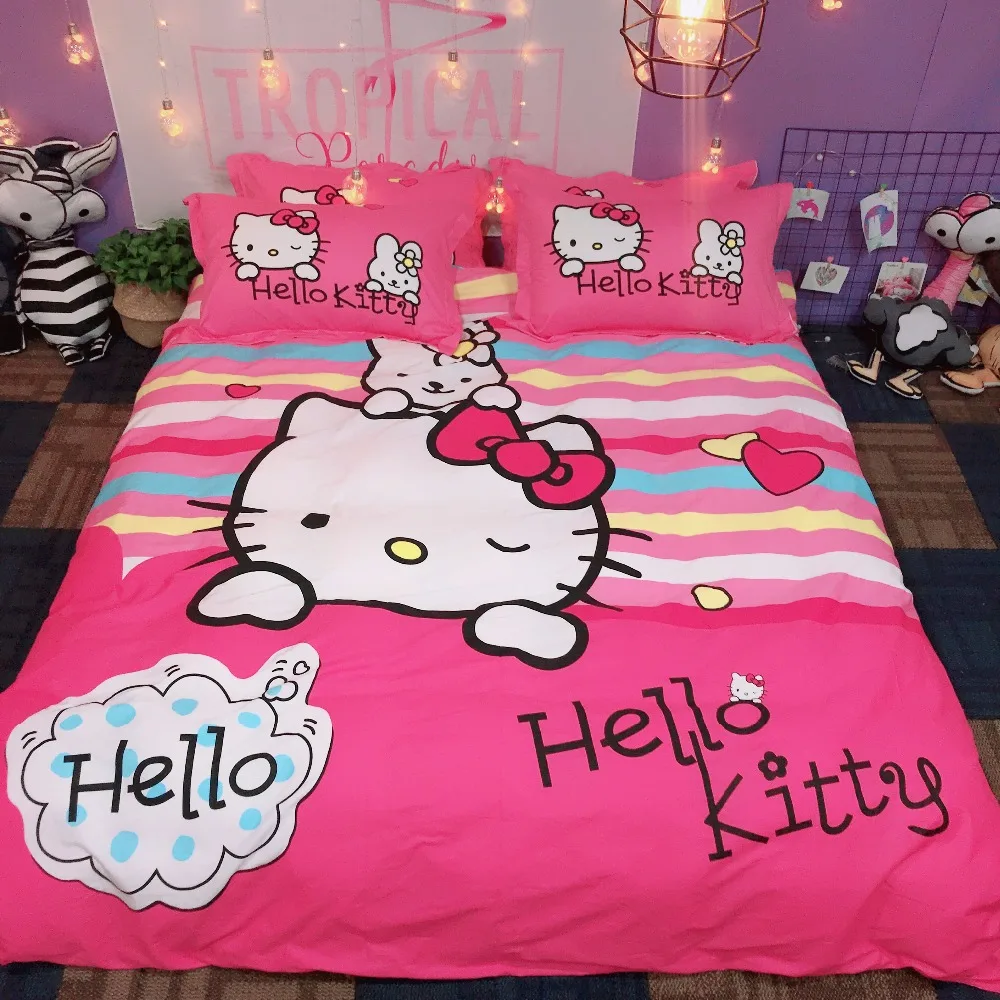Рисунок «Hello Kitty» печатных Постельное белье для девочек/Дети Карамельный цвет хлопок пододеяльник плоский лист наволочка Twin queen king спальное место для кошки