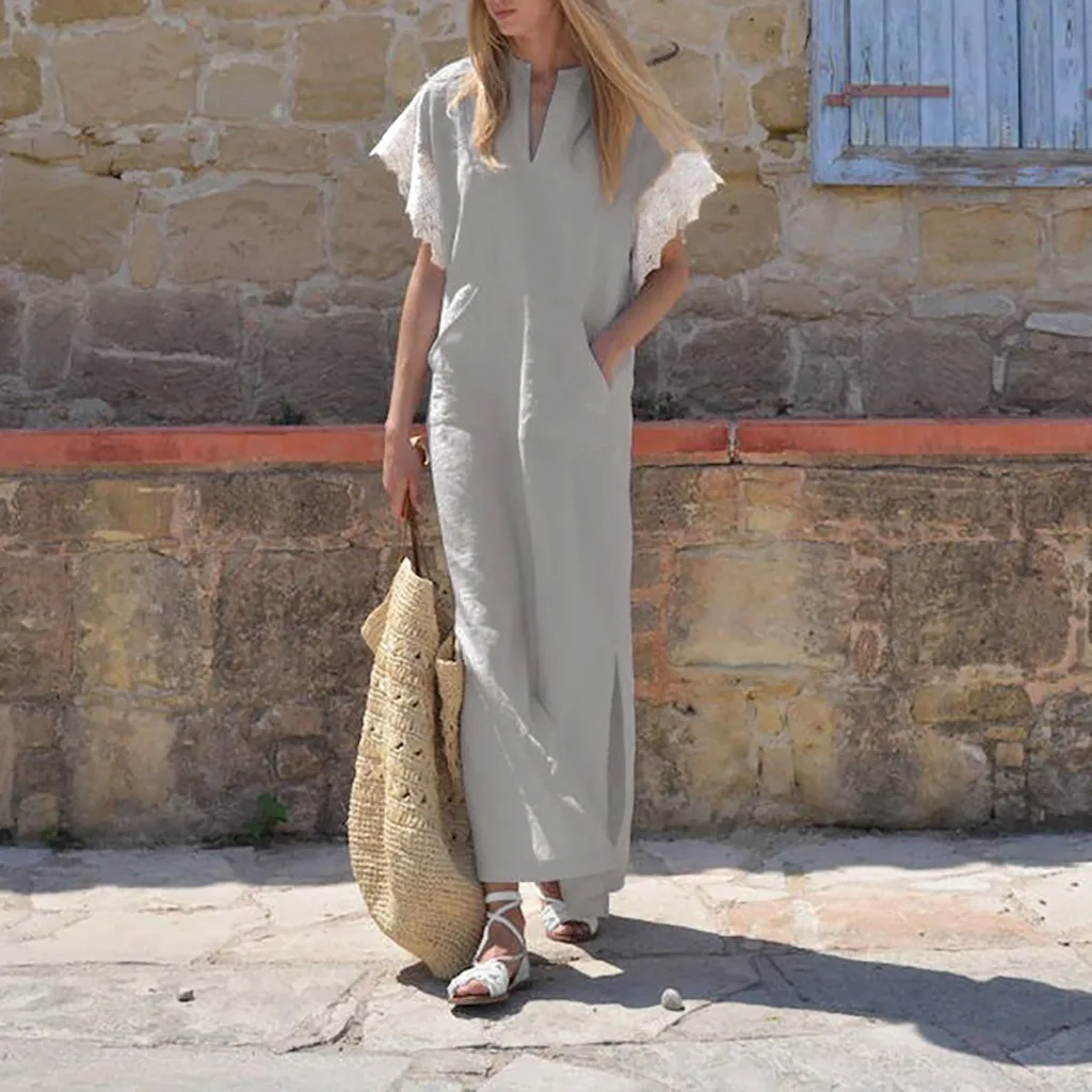 

2019 Women Lace Short Sleeve V Neck Side Slit Casual Loose Cotton Tunic OversizeDress vestidos largos de verano casual dress