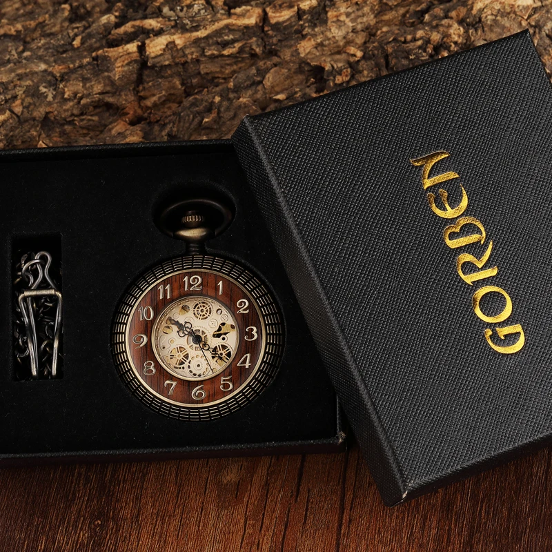 Vintage Wood Circle Carved Number Dial Mechanical Pocket Watch Men Unique Hollow Steampunk Bronze M