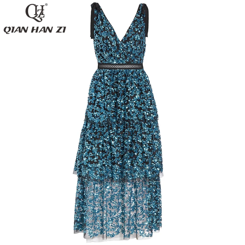 

Qian Han Zi 2019 new Fashion Designer 2019 new arrive Deep V Sequined Women Dress Party Dress Backless Sexy Midi Runway Dresses