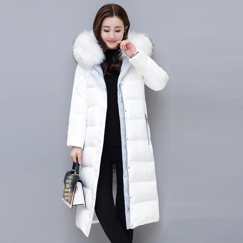Зимние длинные пуховики зимние пуховые пальто для девочек женские Белые парки на утином пуху верхняя одежда с капюшоном и меховым воротником размера плюс QH0848