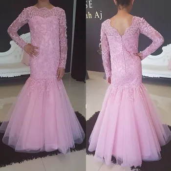 

Pink Elegant Mermaid Flower Girl Dress with Long Sleeves Lace Appliques Customized For Formal Special Occasion New Arrivals