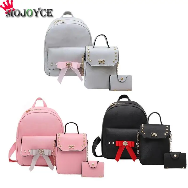 3pcs/Set New PU Leather Women Backpack Bowknot Chain Casual Teenager ...