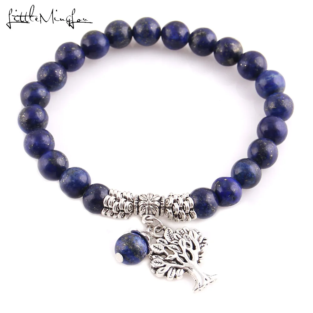 

High Quality 8mm Natural Stone Mala Beads Yoga Bracelets Bangles Tree of life charm Energy Elasticity Rope Bracelet for women