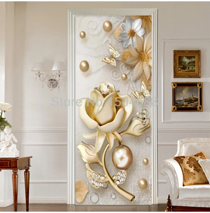 Европейский стиль золотые украшения Цветы Наклейка на дверь гостиная спальня домашний декор обои ПВХ водонепроницаемые наклейки на стену Фотообои