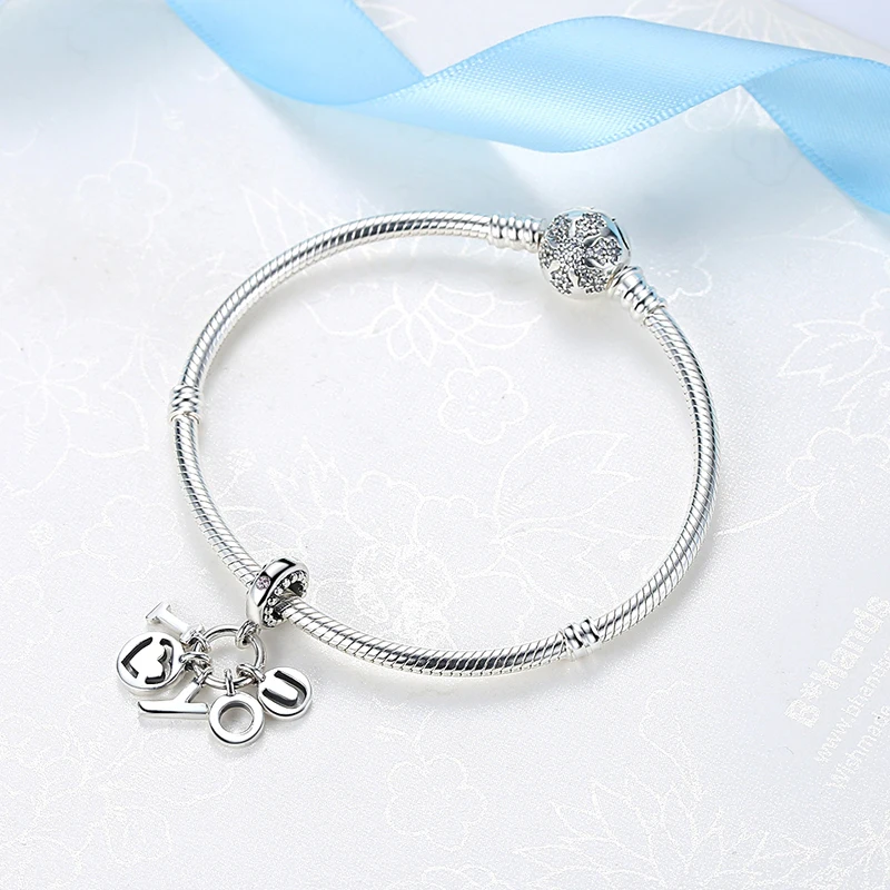 Аутентичные стерлингового серебра 925 шарик шарма письмо I Love You Талисманы Crystal Clear