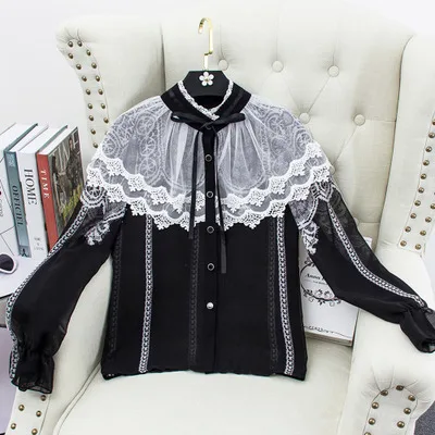 

Freeship ladies vintage casual ruffled stand collar bowknot Blouses/Shirts flare