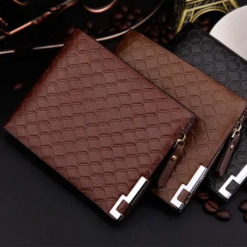 

Wholesale Price Fashion Men Wallets Quality Leather Business Cross Lattice Square 3 Folds Zipper Pocket Card Holder Wallet Purse