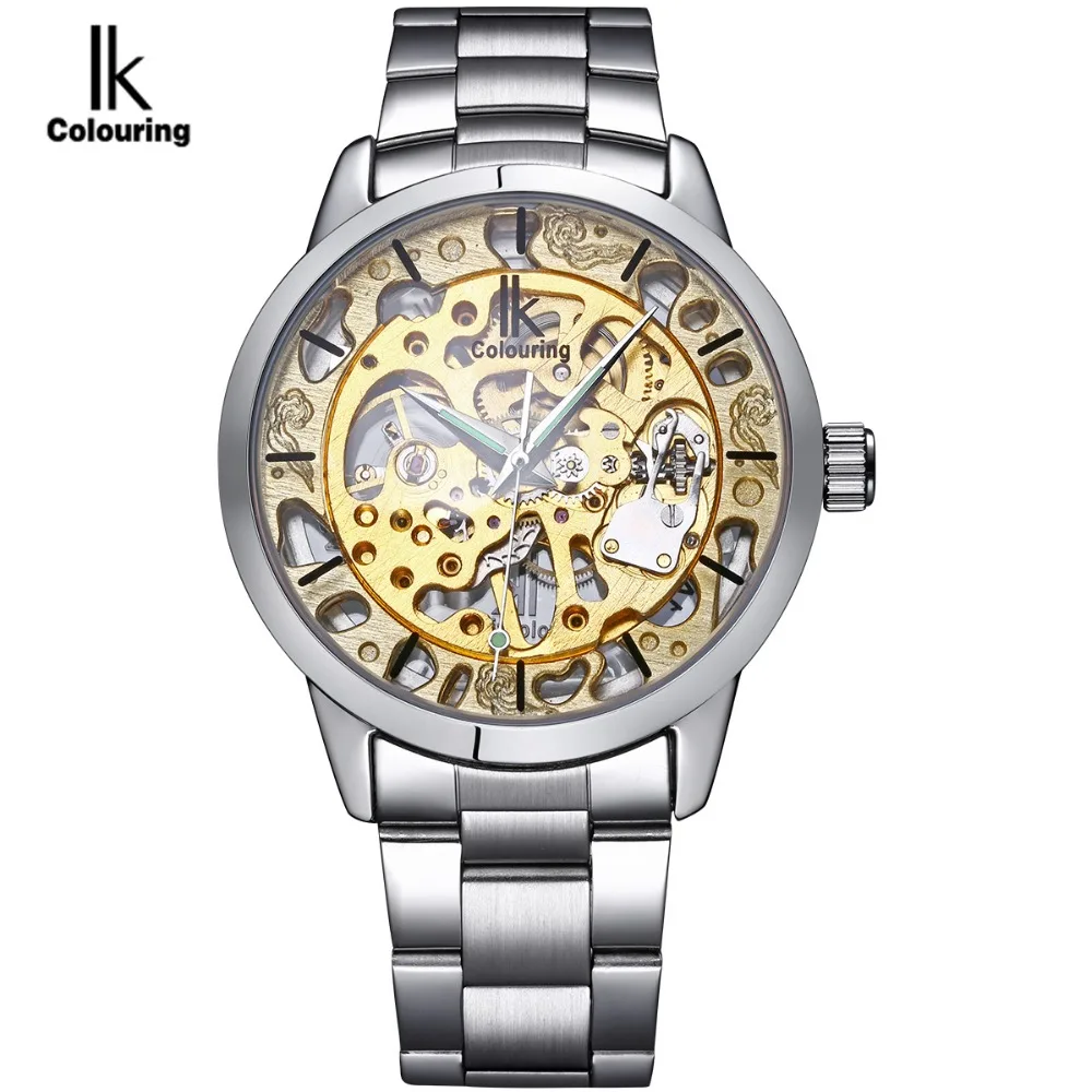 IK colouring Luxury Brand Mechanical Hand Wind Watch Men Gold Skeleton Business Dress Silver Steel Watches Male Clock relogio men luxury brand casual gold full steel band skeleton automatic self wind mechanical hand wind goden relogio for man wrist watch