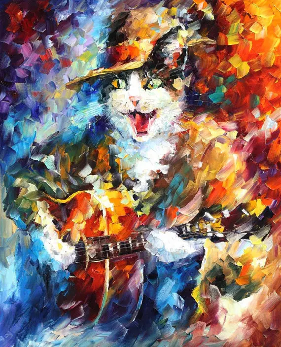 

Top Skills Artist Hand-painted Impression Knife Painting Animal Oil Paints On Canvas Handmade Cat With Guitar Oil Painting