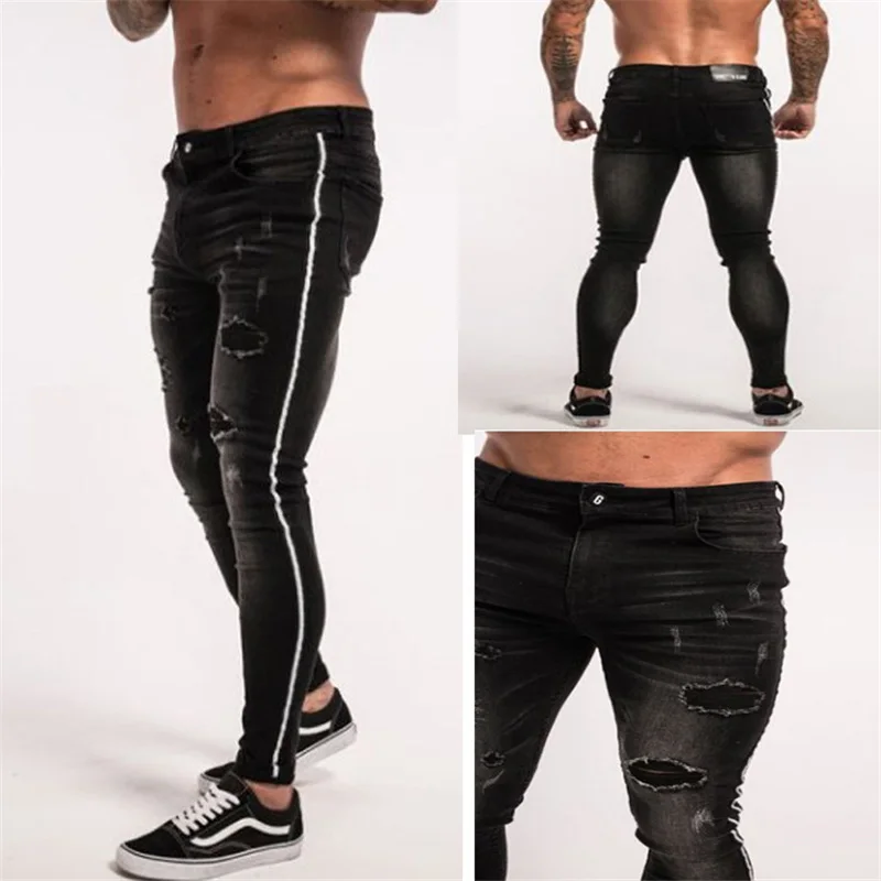 

Men Skinny Jeans Biker Destroyed Frayed Fit Denim Ripped Denim Pants Side Stripe Pencil Pants Hip Hop Streetwear