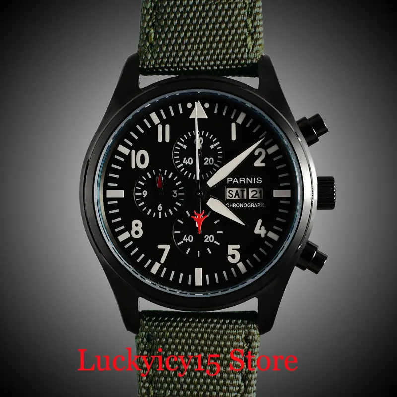 

Quartz Watch Men Military Style 42mm PVD Coated Case Week Date Indicator Chronograph Function
