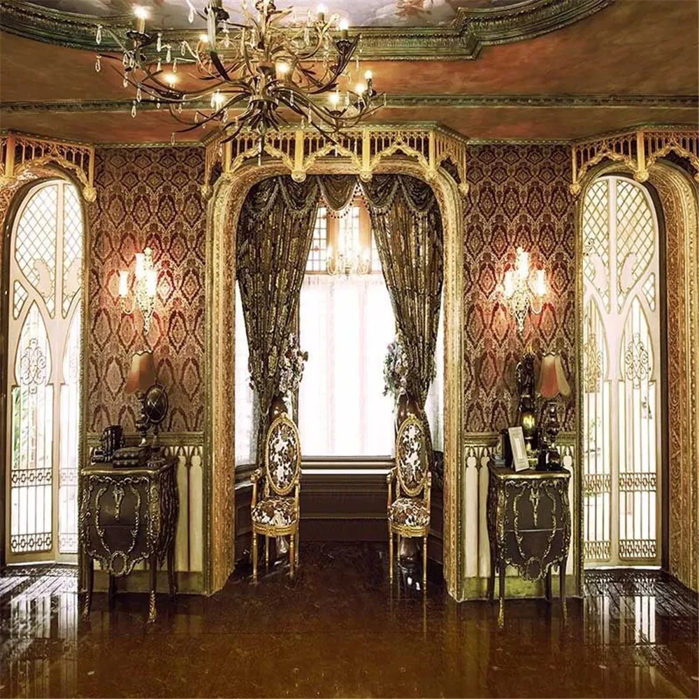 Goedkoop Vintage Bruiloft Fotografie Achtergronden Vinyl Deuren Heldere Gordijn Damast Muur Kroonluchter Interieur Paleis Foto Achtergrond