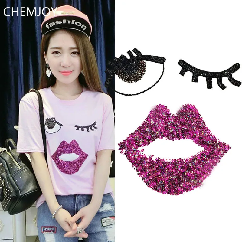 

Blink Eyes Lips Iron on Sequined Patch Woman Clothes Stickers DIY Craft Sewing Appliques Jacket Patches