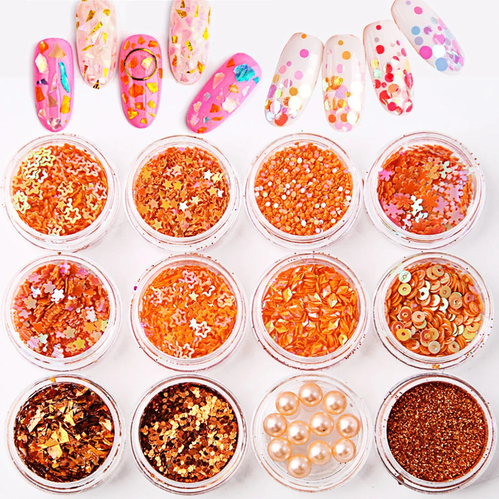 

12Color /sets Random Orange Nail Art Rhinestone Sequins Sets Rhombus Pentagram Half Round Flowers Sets DIY Jewelry Decorations