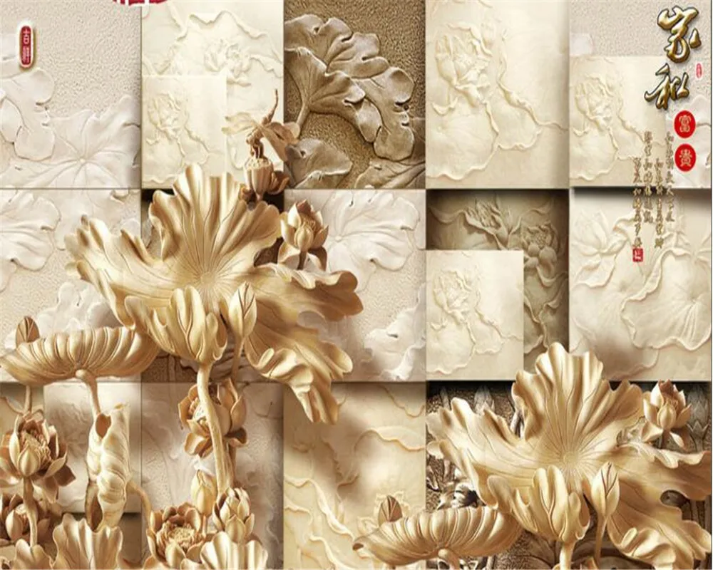 Beibehang Custom wallpaper High-grade 3D stereoscopic relief lotus TV background wall luxury living room interior 3D wallpaper custom mural wallpaper 3d european three dimensional relief golden couple architectural background wall mural