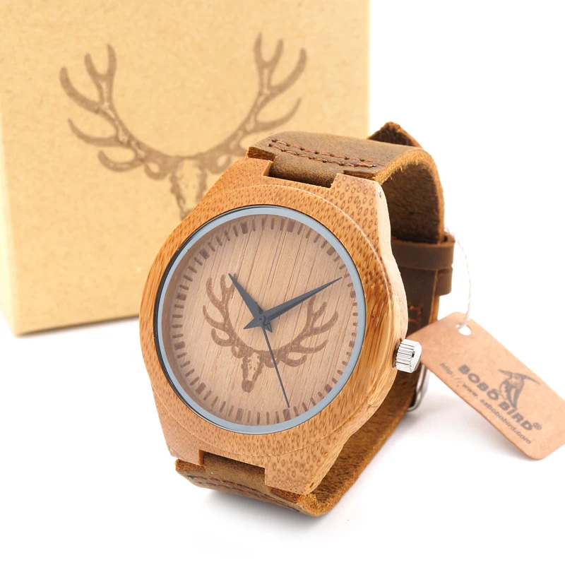 BOBO BIRD Top brand Men's Bamboo Wooden Watch Quartz Real Leather Strap Men Watches relojes finos de hombre
