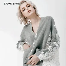 Пикантная серая Лоскутная Кружевная футболка с длинным рукавом, однобортная футболка с v-образным вырезом Новое Женское платье Блуза женская футболка, топы