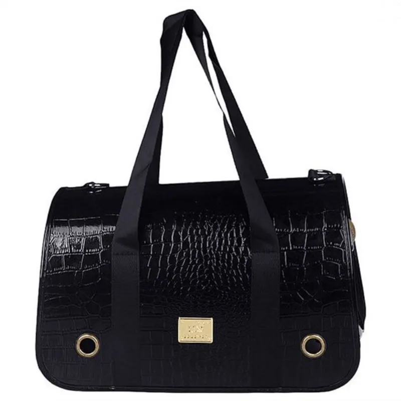 Роскошная сумка на плечо для домашних животных, уличная сумка с плюшевой собачкой из искусственной кожи, клетчатая сумка для кошек, дорожная сумка-переноска для прогулок на открытом воздухе - Цвет: Black
