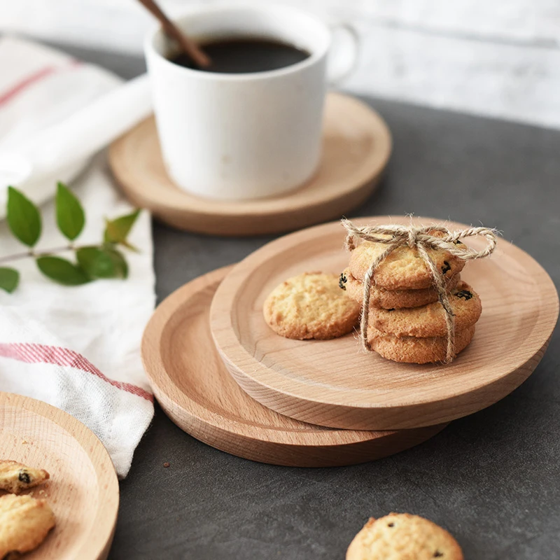 Dia 14cm Mini Cake Snack Fruit Tray Wood Round Wooden Plate Small Serving Trays Mug Coaster Tableware Wooden Utensils Household Gifts (6)
