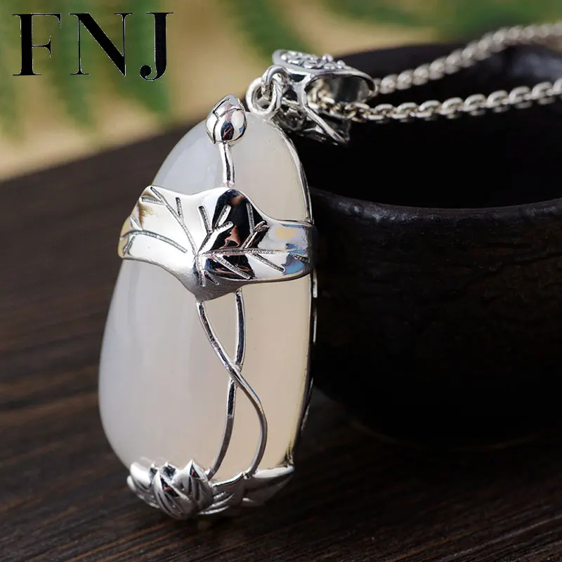 

FNJ 925 Silver Lotus Pendant Fish White Chalcedony Stone Original S925 Thai Silver Pendants for Women Men Jewelry