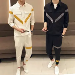 Мода лето в китайском стиле однотонное цвет Erkek Giyim уличная Ropa De Hombre комплект Мужская куртка + брюки комплект из 2 предметов мужская одежда