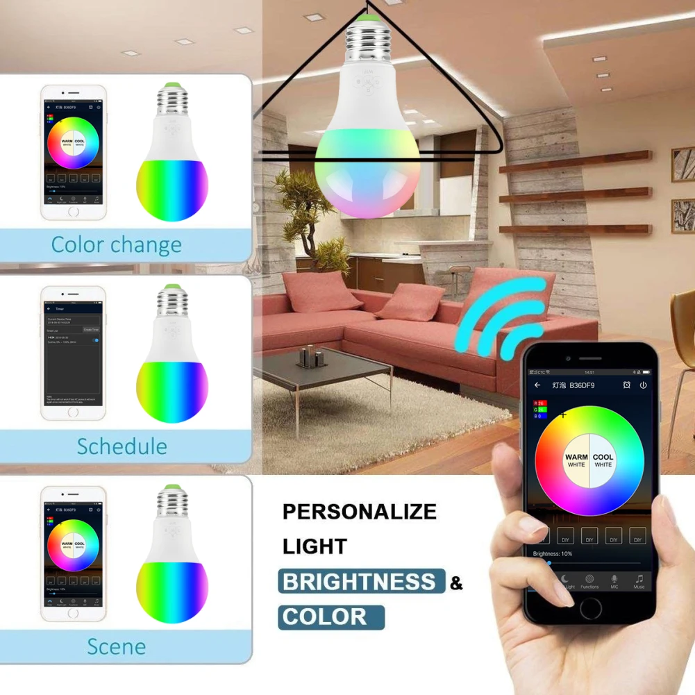 Умная лампа E27 с Wi Fi приглушаемая LED лампочка 7 Вт работает Alexa Google Home разноцветные