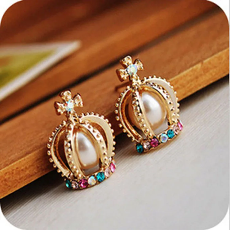Wholesale Gold Colorful Rhinestone Cross Crown Pearl Imitation crystal Retro Stud Earrings For Women Gift | Украшения и