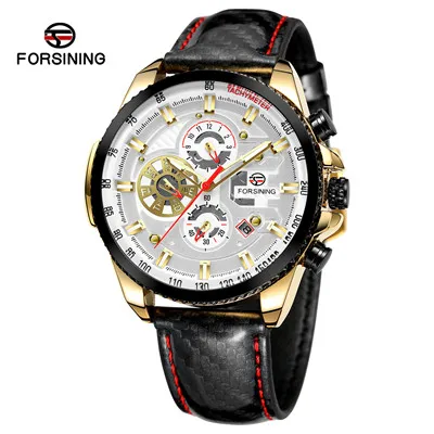 Forsining Three Dial Calendar Display Black Men Automatic Leather strap Wrist Watch Top Brand Luxury Military Sport Male Clock - Цвет: A2