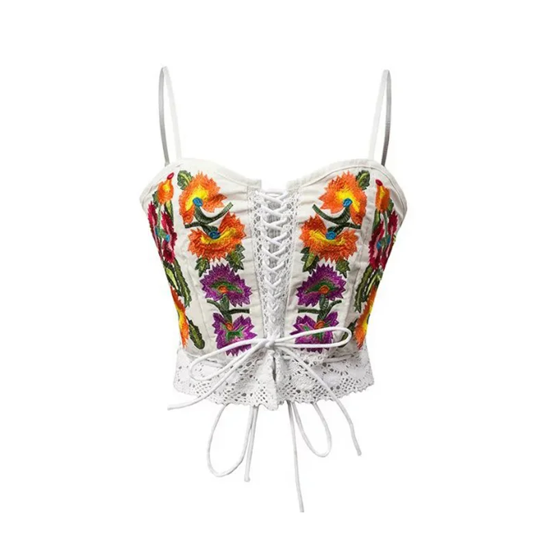 Aproms花刺繍かぎ針編みキャミソールクール女の子カジュアルクロップトップ夏ビーチウエアビキニブラジャー女性衣装レースアップショートトップ