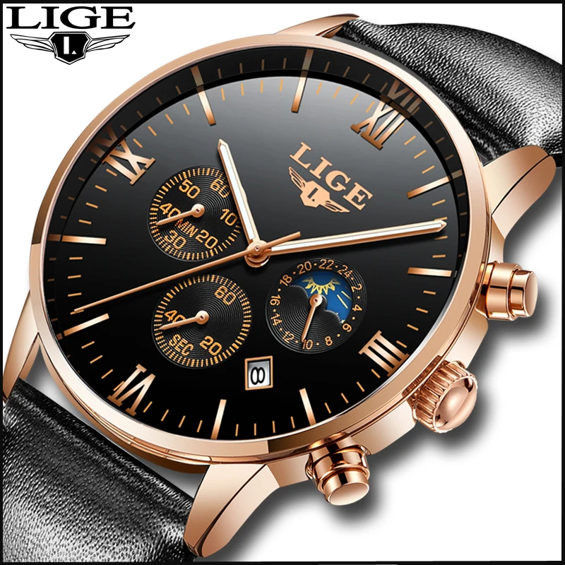 

Mens Watches LIGE Top Brand Luxury Men Fashion Business Watch Men's Waterproof Leather Quartz Watch Gift Clock Relogio Masculino