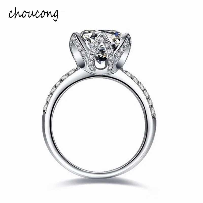 

Real Solid 925 Sterling Silver Wedding Rings For Women Romantic Flower Shaped Inlay 2 Carat CZ Diamant Engagement Ring Wholesale
