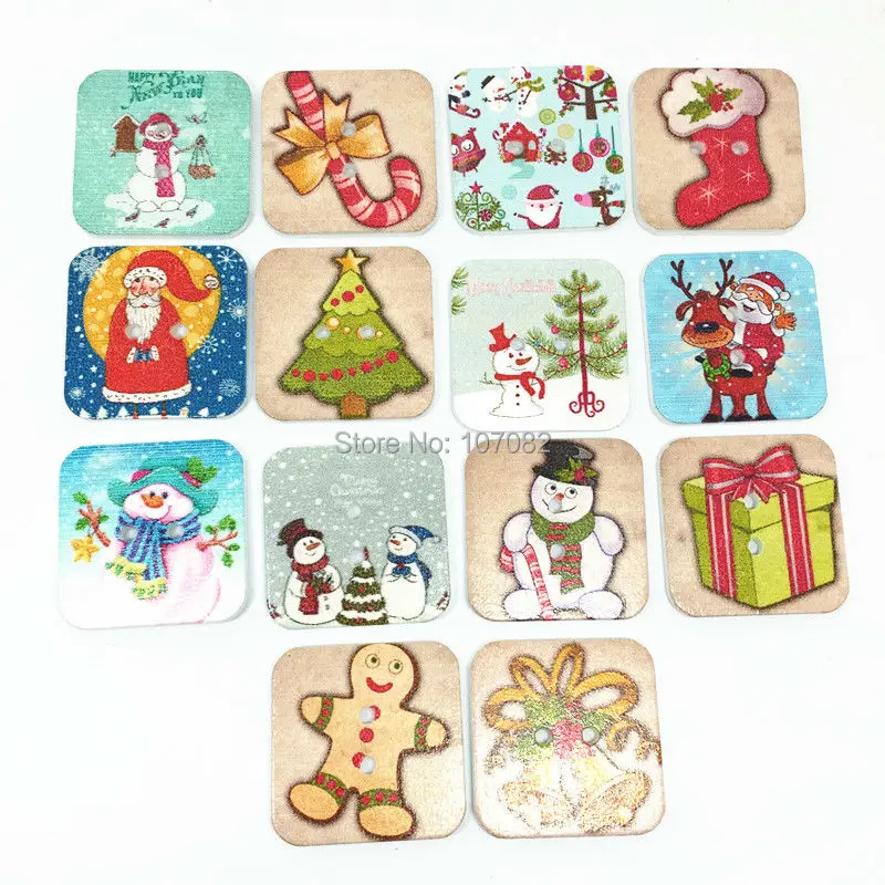 1000pcs 25mm Wood Square Christmas Buttons 2-Hole Embellishments For Scrapbooking Cardmaking Santa Snowman Reindeer Button | Дом и сад