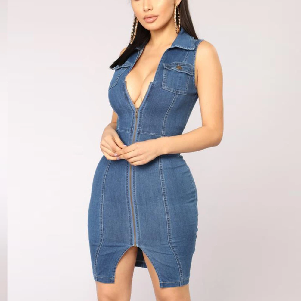 

New Sexy Denim Dress Women Elegant Sleeveless Jeans Dress Front Zipper Turn-Down Collar Pockets Split Bodycon Mini Dress MT2847