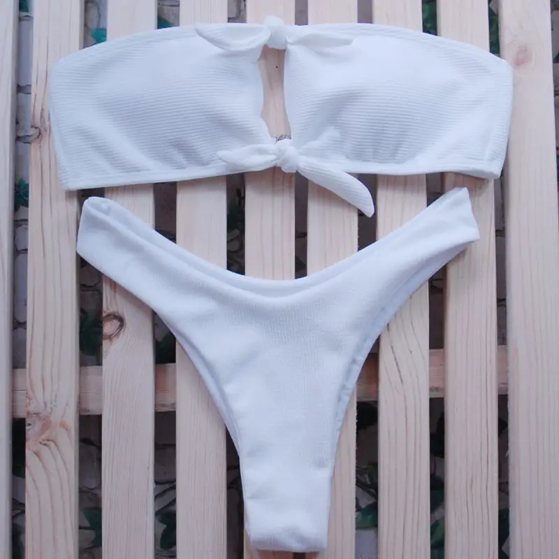 

Summer Bandeau Bikini Set Women White Sexy Swimsuit Thong Brazilian Biquini Maillot De Bain Beach Wear Bathing Suit For Female