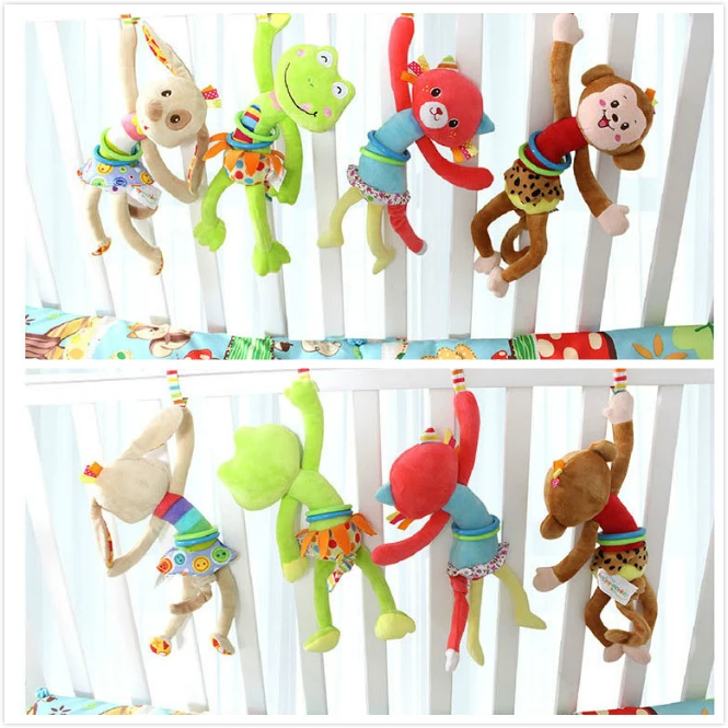 

2017 Cute Animal Baby Toy Pulling Soft Plush Rattle Squeak Toy Cartoon Puppy Frog Monkey Kitty Stroller Bed Decor Christmas Gift