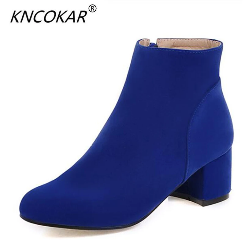 

KNCOKAR Short boots of autumn winter fashion side zipper thick with solid color Round high heel ankle boot female boots