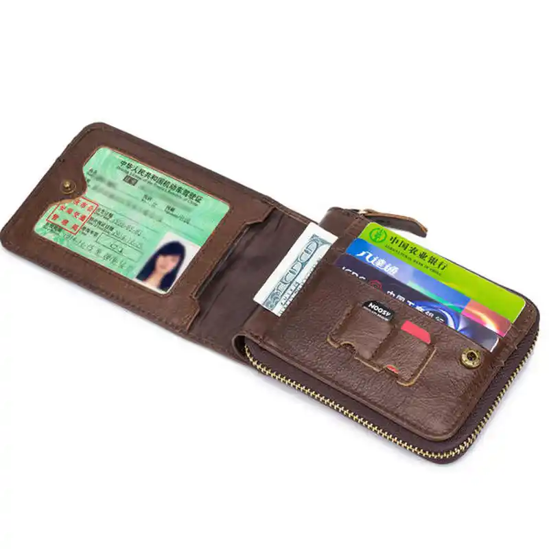 Cowhide Men Wallets Vintage Zipper Purse Slim RFID Genuine Leather Short Wallet