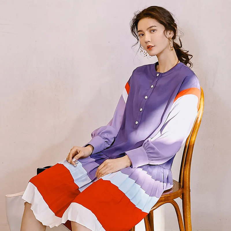 

2019 Spring and Summer Elegant Women Dress Temperament and Ladies Stitching Dress Preppy Style Pleated Patchwork Button Dress